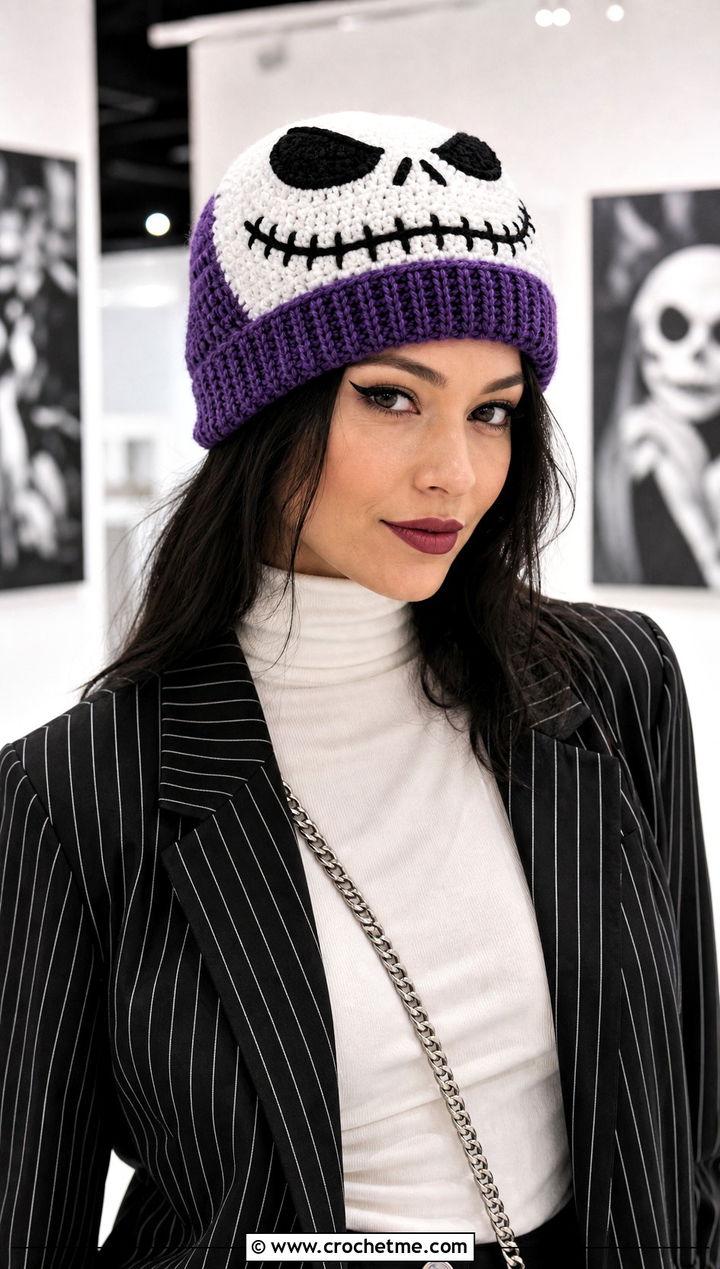 Jack Skellington Face Beanie With Pinstripe Suit - 25 Crochet Disney Beanie outfit ideas