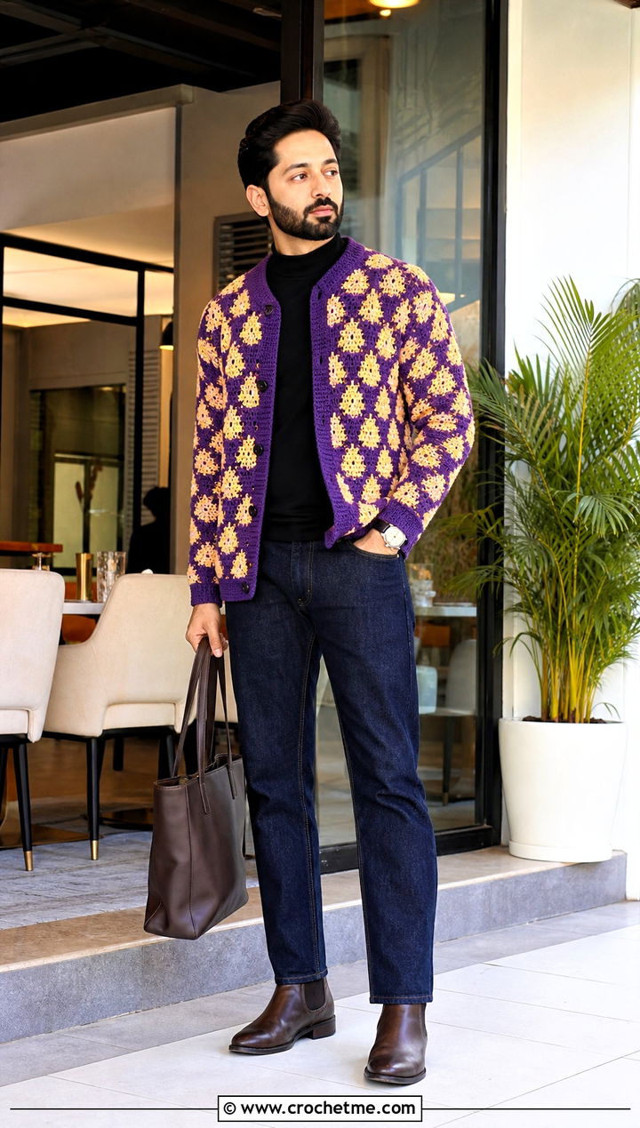 Jacquard Crochet Cardigan With Dark Denim - 30 crochet man cardigan outfit ideas