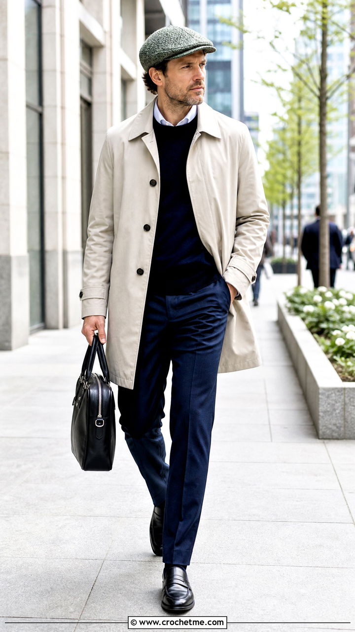 Jade Crochet Flat Cap With Trench Coat - 35 mens crochet hats outfit ideas