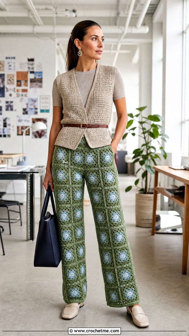 Jade Granny Square Tailored Pants With Belted Vest And Loafers - 35 crochet granny square pants outfit ideas