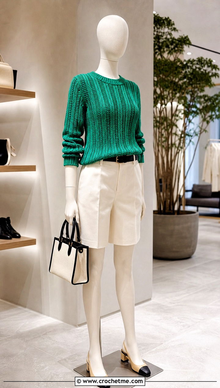 Jade Ribbed Crochet Sweater With Tailored Bermuda Shorts - 15 Green Crochet Sweater On Mannequin outfit ideas