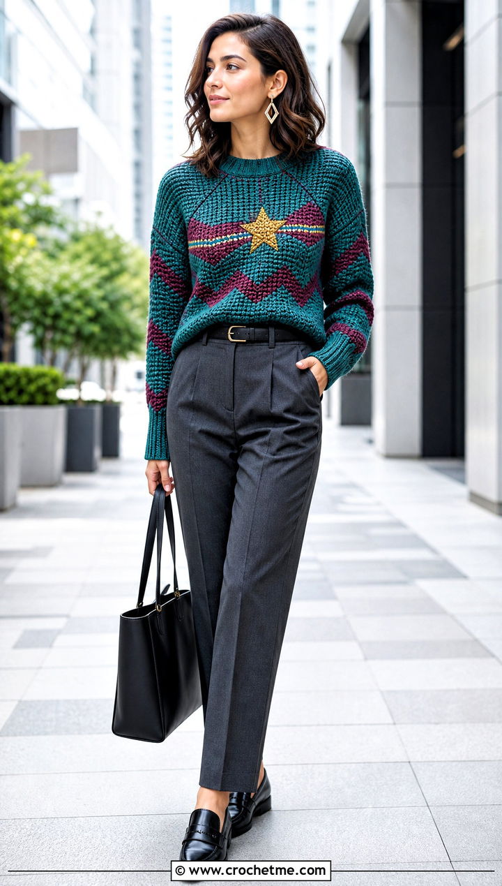 Jagged Stripe Crochet Mabel Pines Sweater With Tailored Trousers - 15 Crochet Mable Pines Sweater outfit ideas
