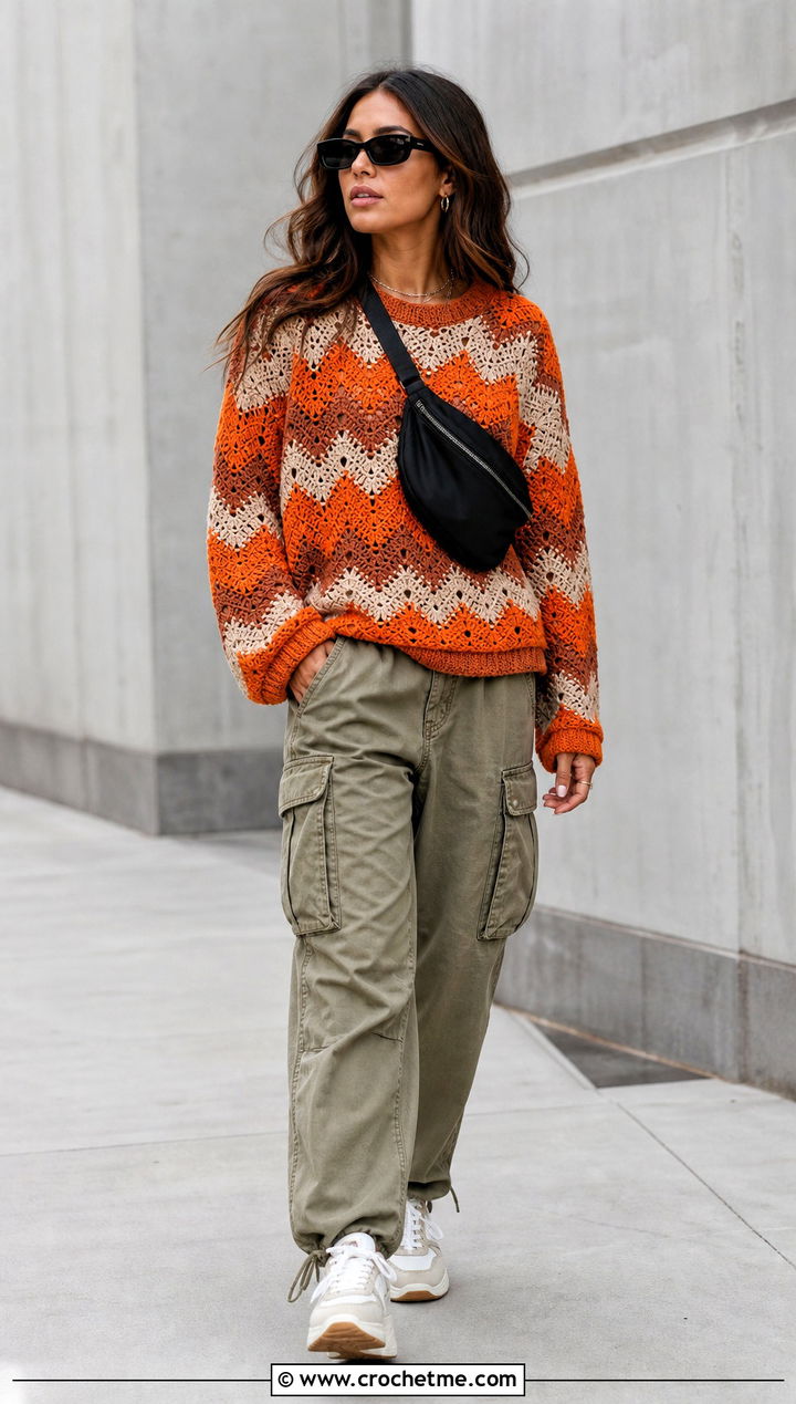 Jagged Stripe Crochet Mabel Sweater With Cargo Pants - 35 crochet mabel sweater outfit ideas