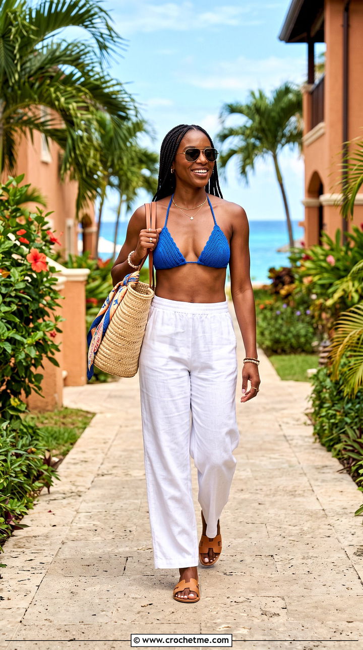 Jamaica Crochet Triangle Bikini With Linen Pants - 25 jamaica crochet bathing suit outfit ideas