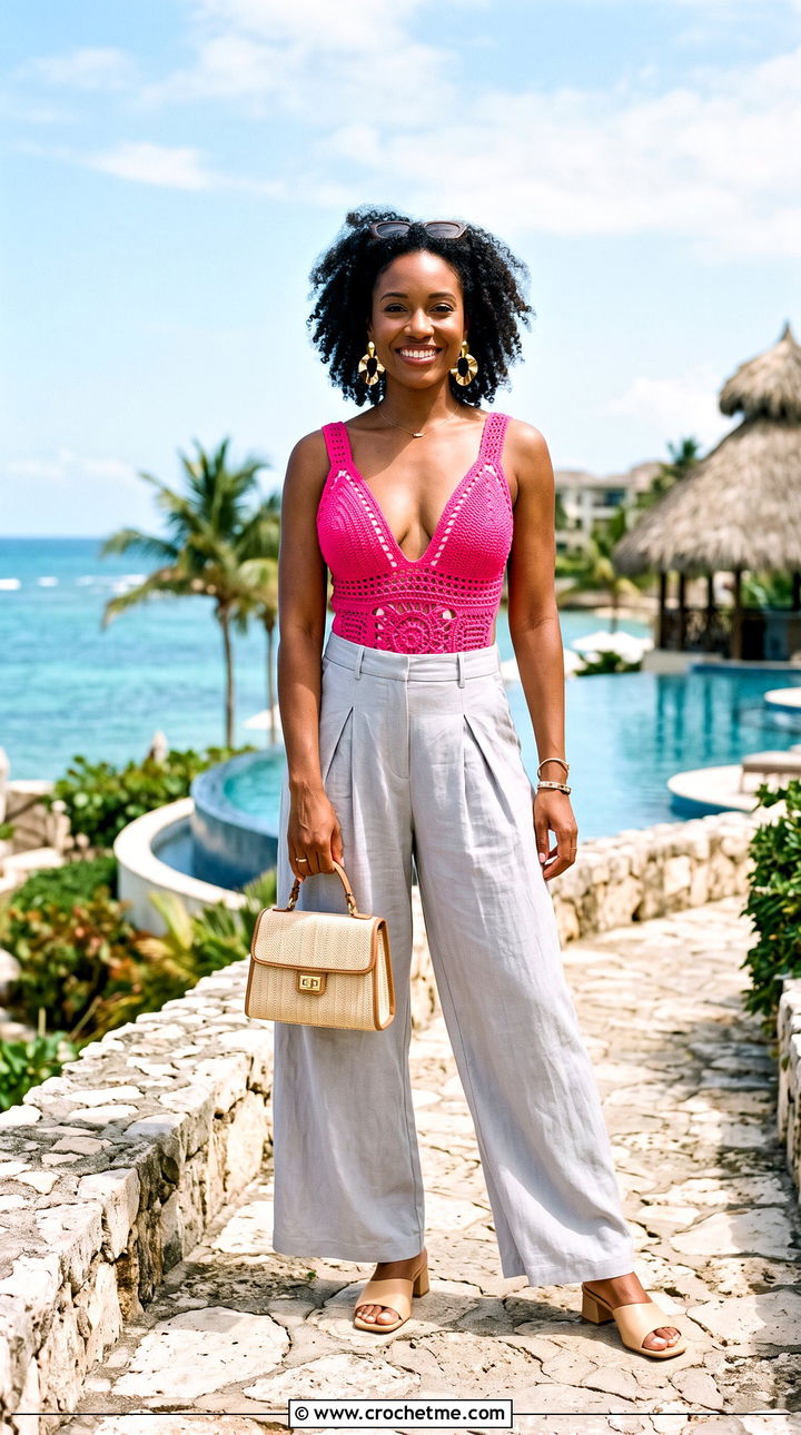 Jamaica Plunge Crochet One Piece With Pleated Pants - 25 jamaica crochet bathing suit outfit ideas