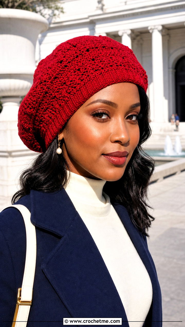 Jamaican Crochet Beret Tam With Pleated Midi Skirt - 25 Jamaican Crochet Hat outfit ideas