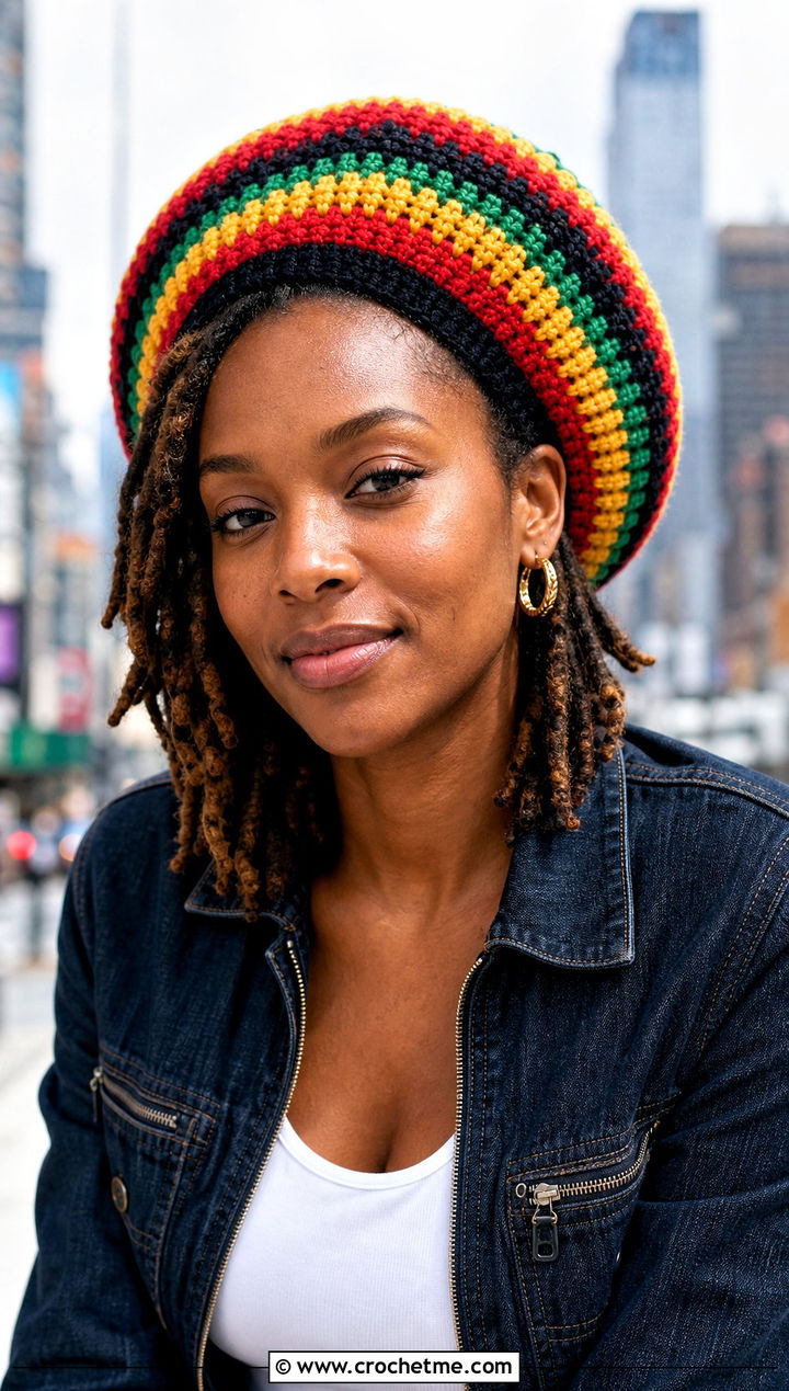 Jamaican Crochet Rasta Tam With Denim Jumpsuit - 25 Jamaican Crochet Hat outfit ideas