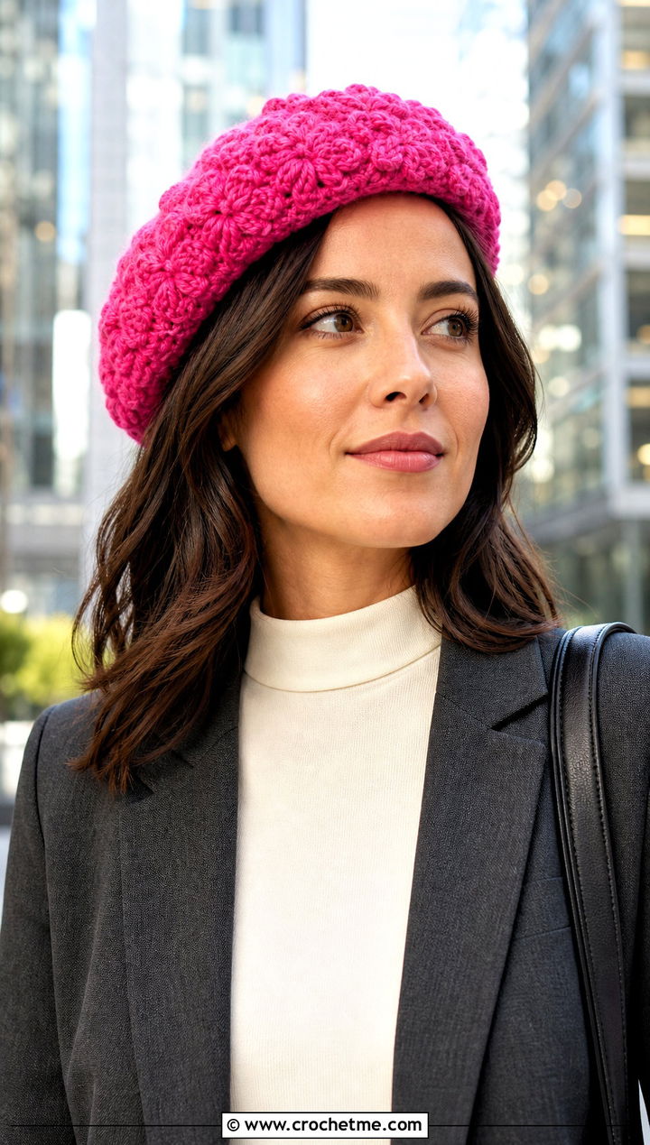 Jasmine Stitch Crochet Beret With Blazer And Trousers - 20 jasmine stitch crochet hat outfit ideas