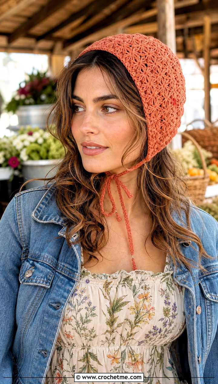 Jasmine Stitch Crochet Bonnet With Prairie Dress - 20 jasmine stitch crochet hat outfit ideas