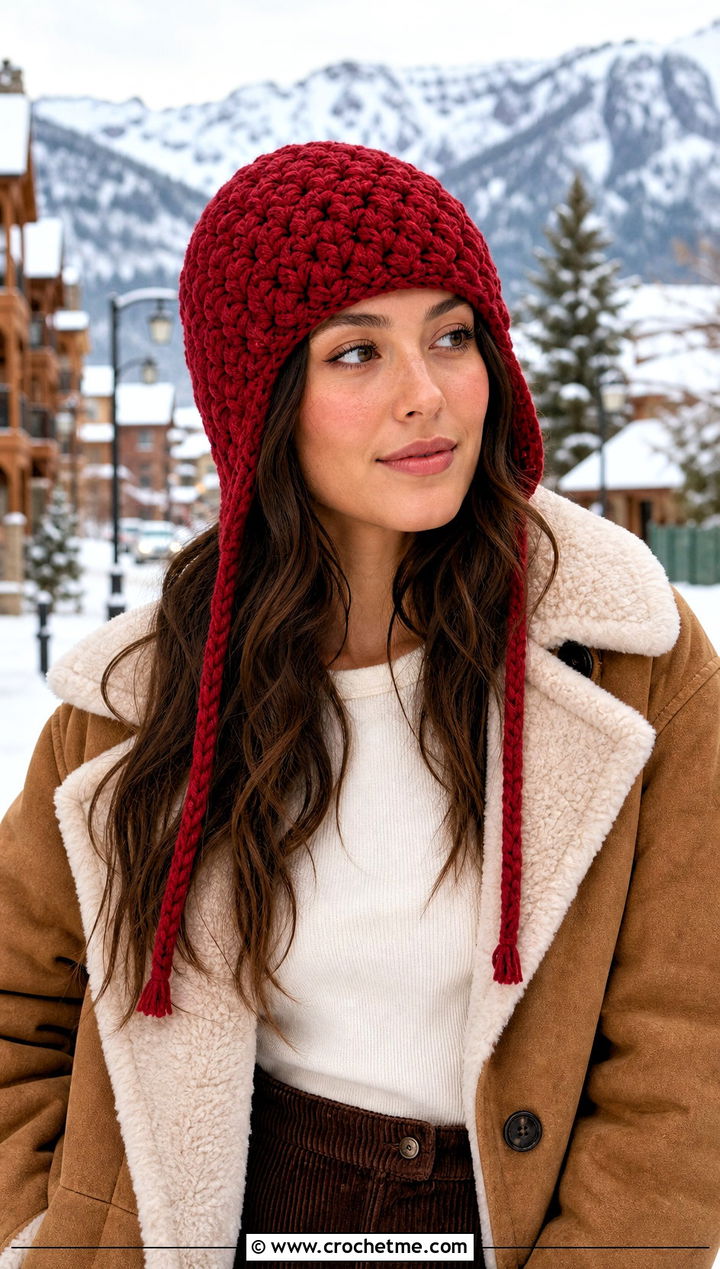 Jasmine Stitch Crochet Earflap Hat With Shearling Jacket - 20 jasmine stitch crochet hat outfit ideas