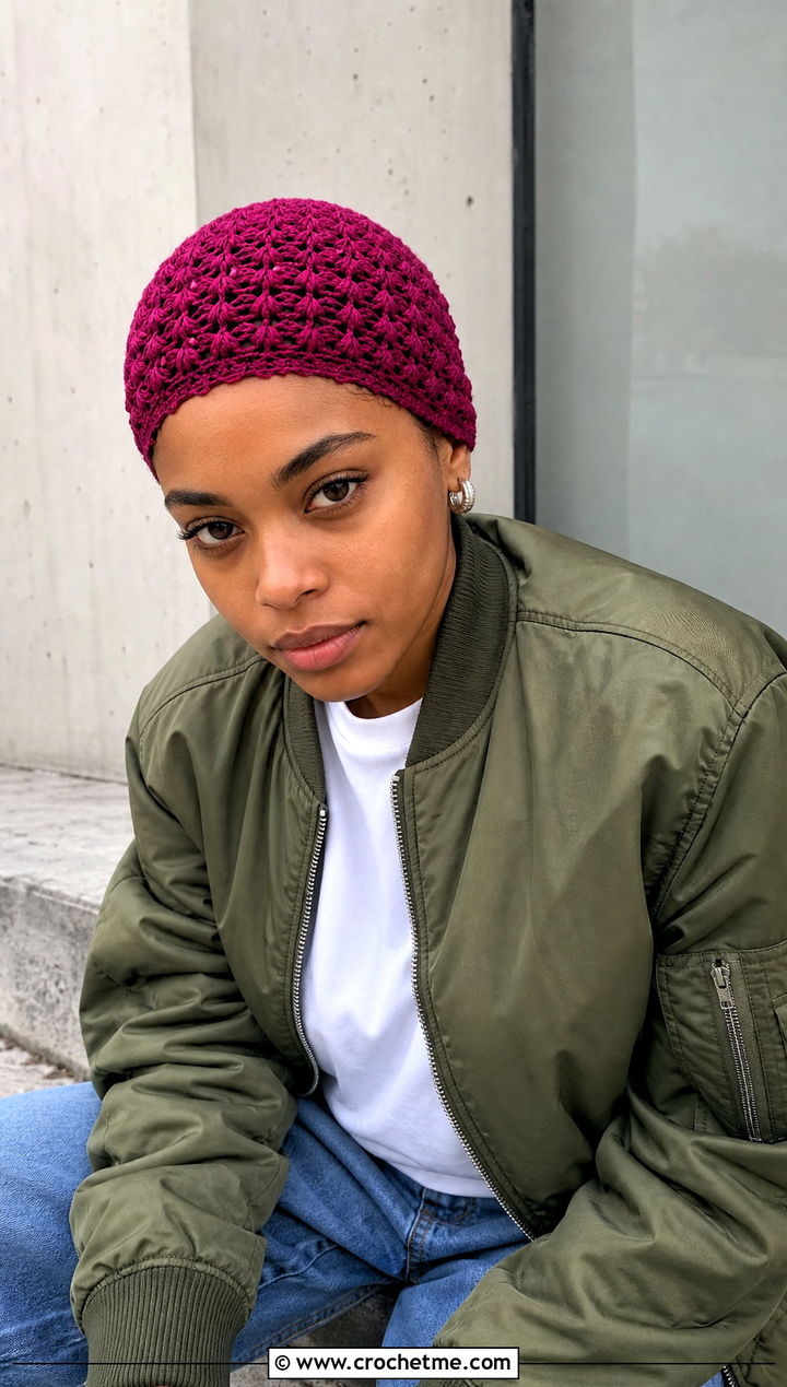 Jasmine Stitch Crochet Skullcap With Bomber Jacket - 20 jasmine stitch crochet hat outfit ideas
