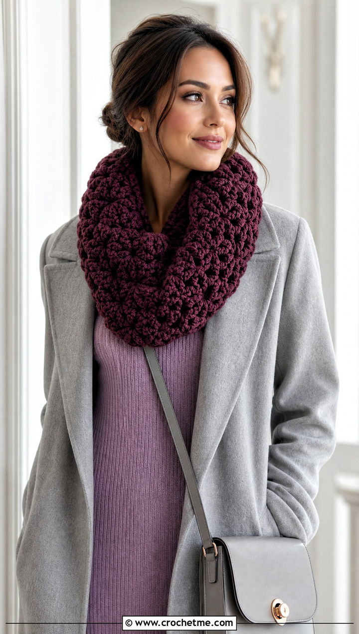 Jasmine Stitch Crochet Snood Scarf With Sweater Dress - 25 snood crochet scarf outfit ideas