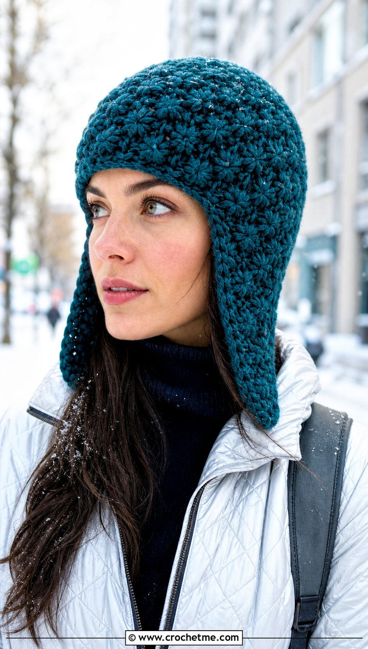 Jasmine Stitch Crochet Trapper Hat With Quilted Coat - 20 jasmine stitch crochet hat outfit ideas