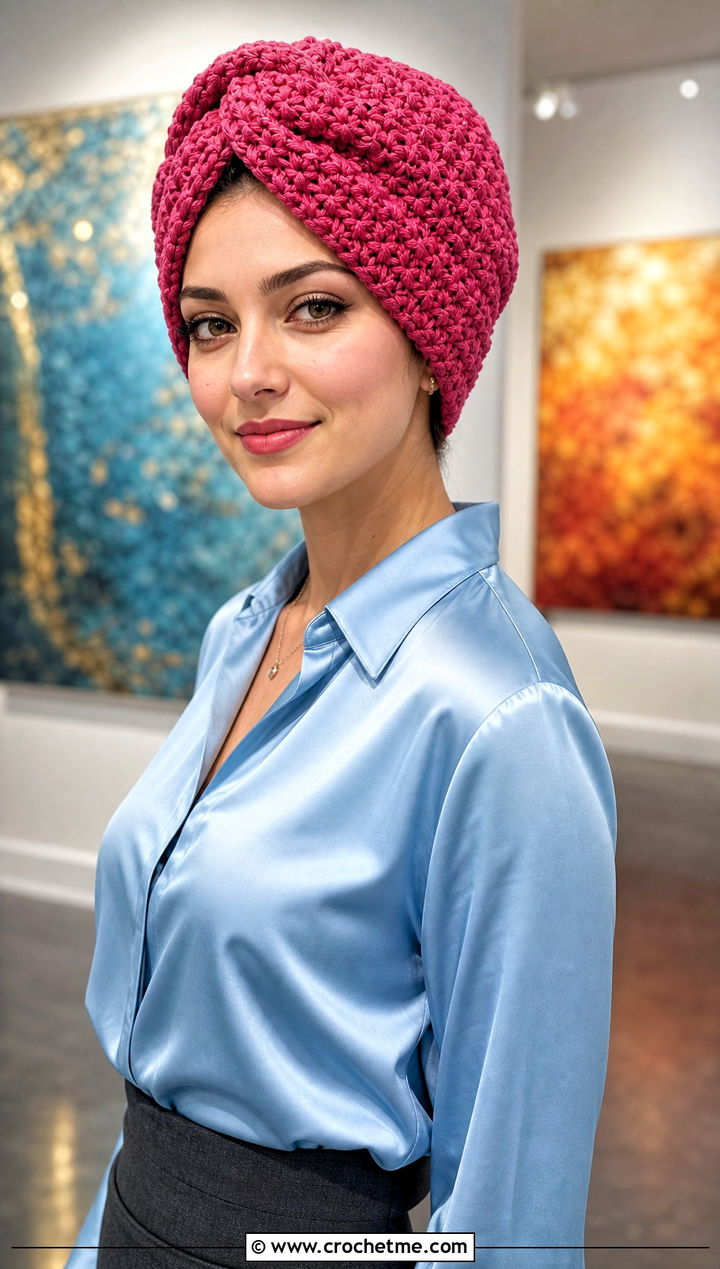 Jasmine Stitch Crochet Turban Hat With Satin Blouse - 20 jasmine stitch crochet hat outfit ideas