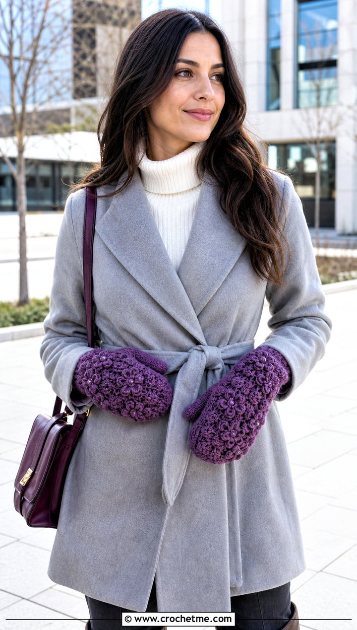 Jasmine Stitch Crocheted Mittens With Wrap Coat - 30 Crocheted Mittens outfit ideas