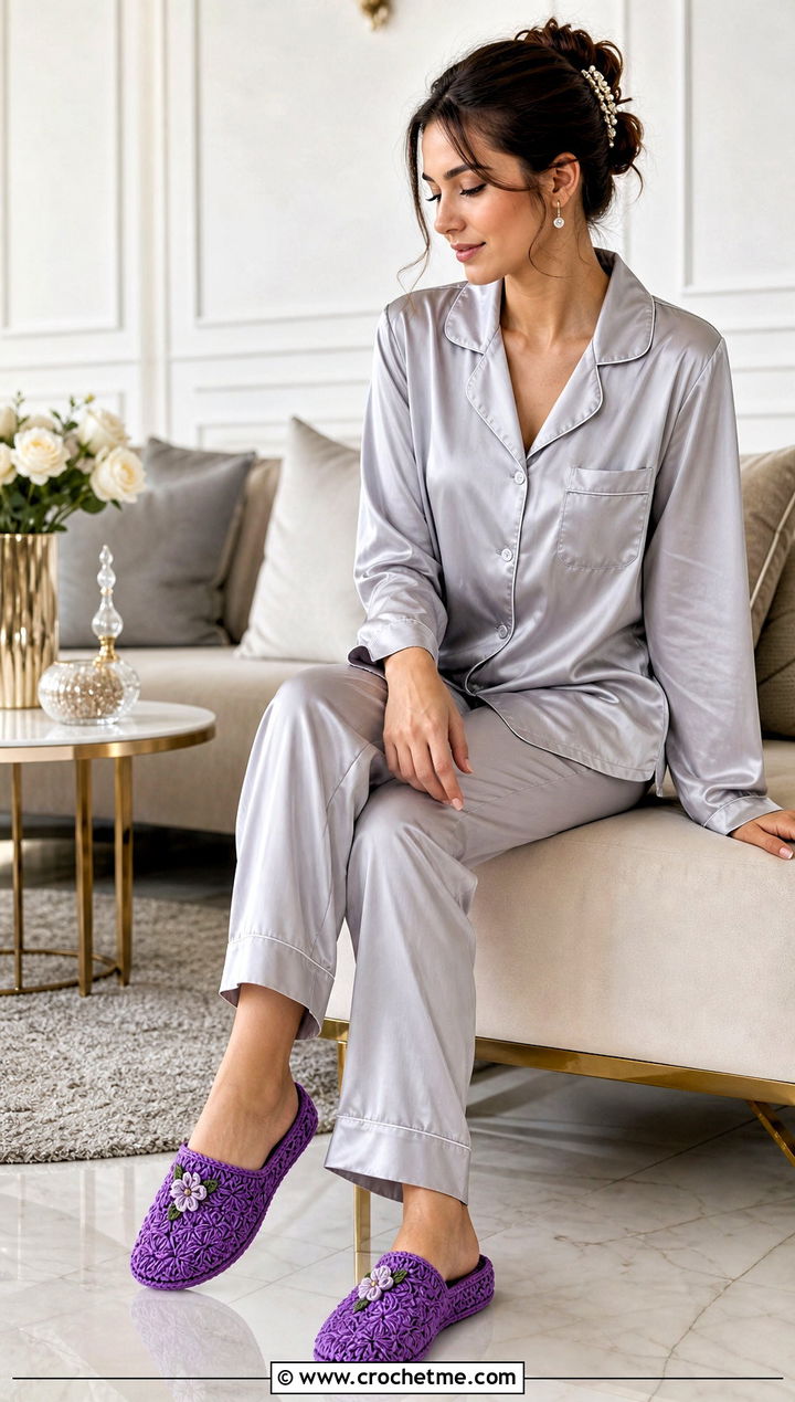 Jasmine Stitch Rectangle Crochet Slippers With Satin Pajamas - 20 Easy Crochet Slippers From A Rectangle outfit ideas