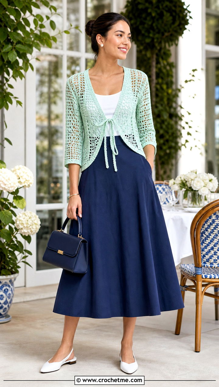Jelly Mint Tie Front Crochet Sweater With Midi Skirt - 35 crochet light sweater outfit ideas