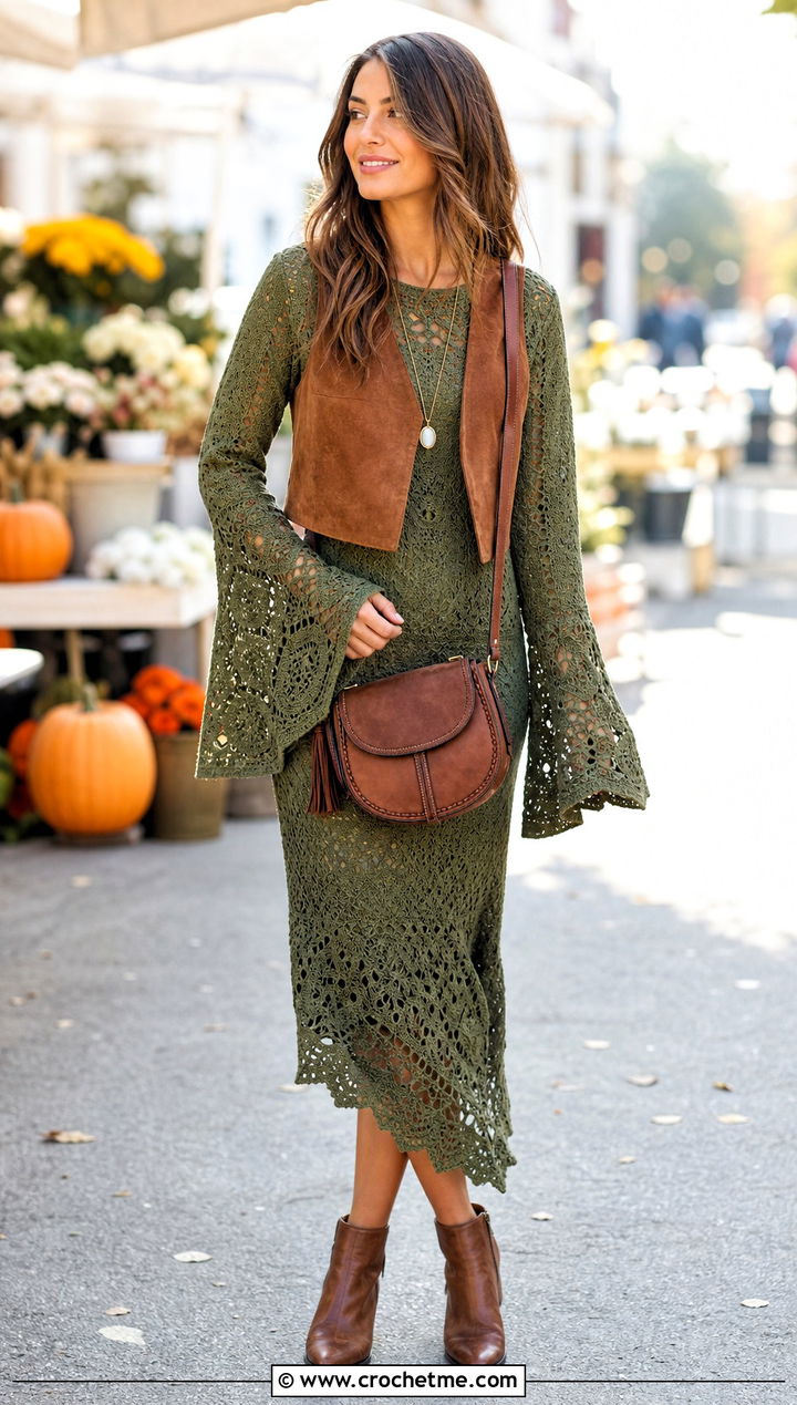 Jessica Simpson Bell Sleeve Crochet Dress With Suede Vest - 15 jessica simpson crochet dress outfit ideas