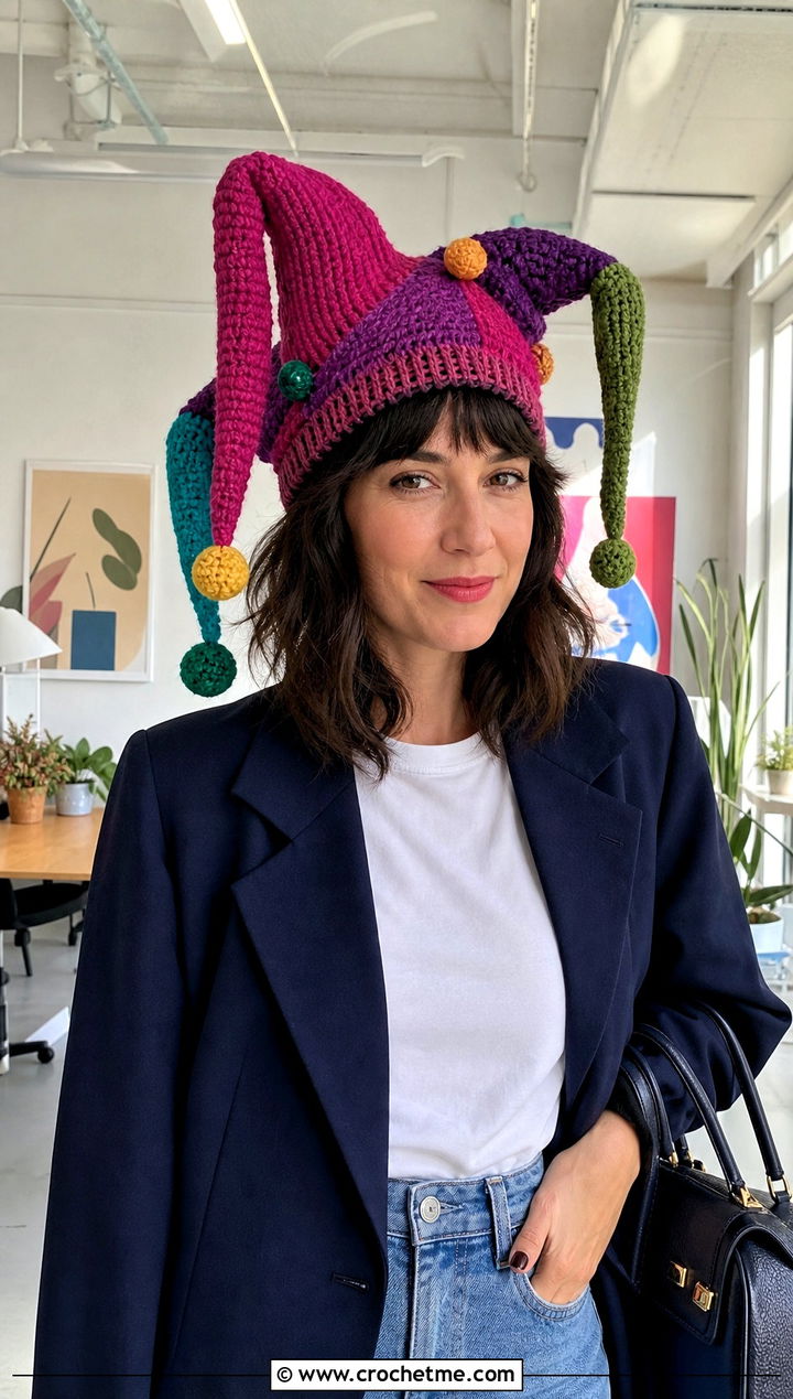 Jester Crochet Hat With A Blazer And Jeans - 30 funny crochet hat outfit ideas