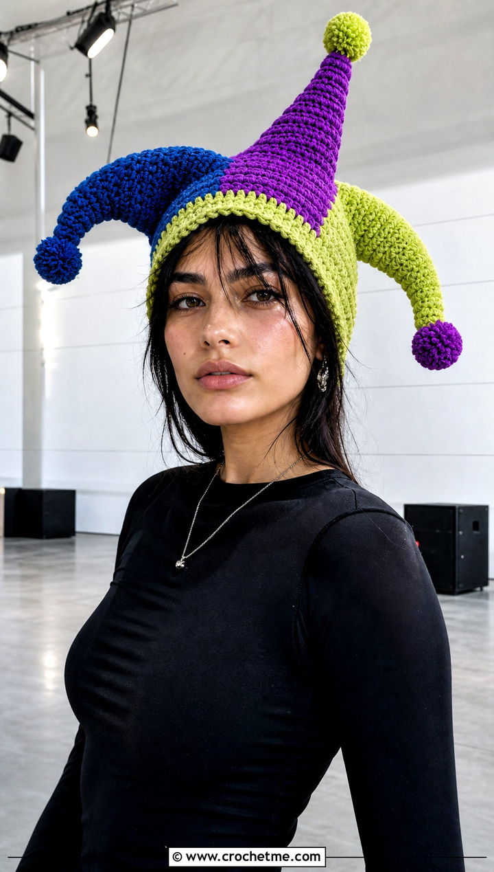 Jester Crochet Hat With All Black Outfit - 30 crochet funny hats outfit ideas