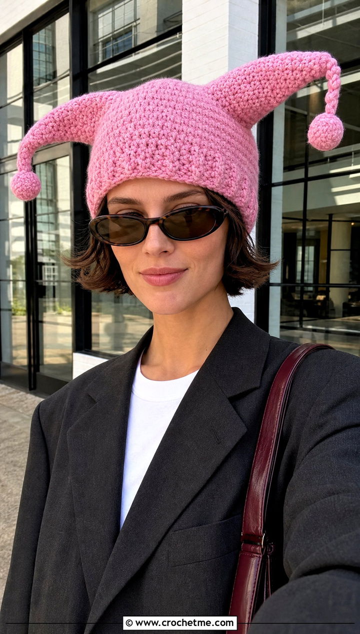 Jester Crochet Hat With Oversized Blazer - 25 Weird Crochet Hat outfit ideas