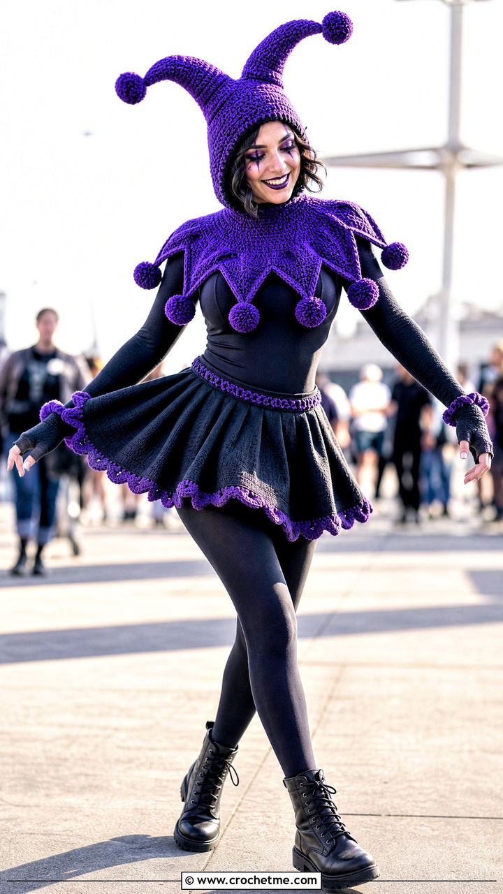 Jester Hood Crochet Clown Costume With Pleated Skirt - 35 crochet clown costume outfit ideas