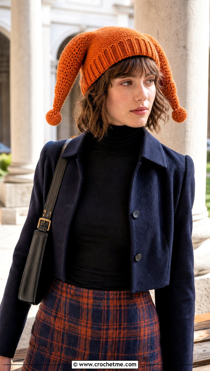 Jester Horn Hat With Plaid Mini Skirt - 30 crochet hat with horns outfit ideas