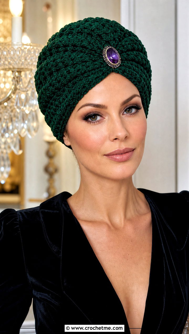Jewel Accent Crochet Turban Hat With Velvet Jumpsuit - 35 crochet turban hat outfit ideas
