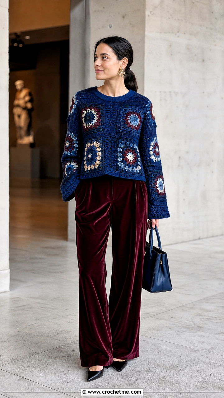 Jewel Tone Big Granny Square Sweater With Velvet Trousers - 35 big granny square sweater outfit ideas