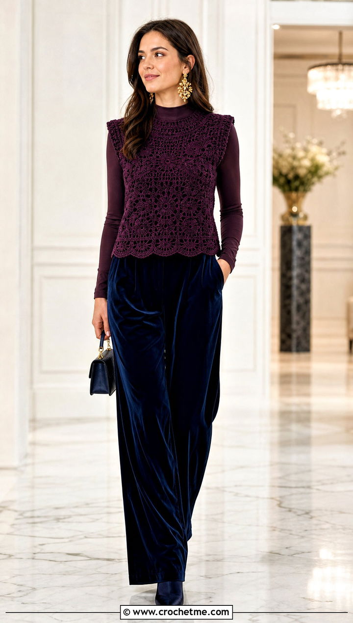 Jewel Tone Crochet Cleo Top With Velvet Trousers - 30 crochet cleo top outfit ideas