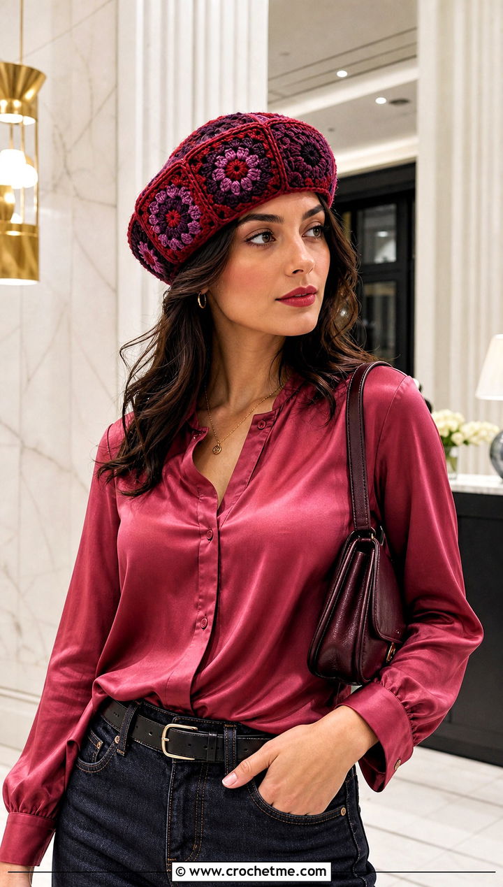 Jewel Tone Crochet Granny Square Beret With Satin Blouse And Dark Jeans - 25 Crochet Granny Square Beret outfit ideas
