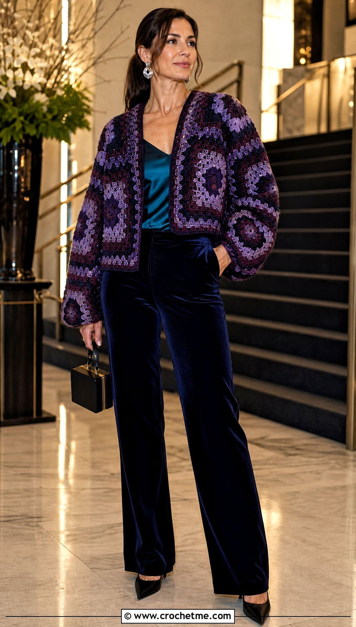 Jewel Tone Giant Granny Square Sweater With Velvet Pants - 30 giant granny square sweater outfit ideas