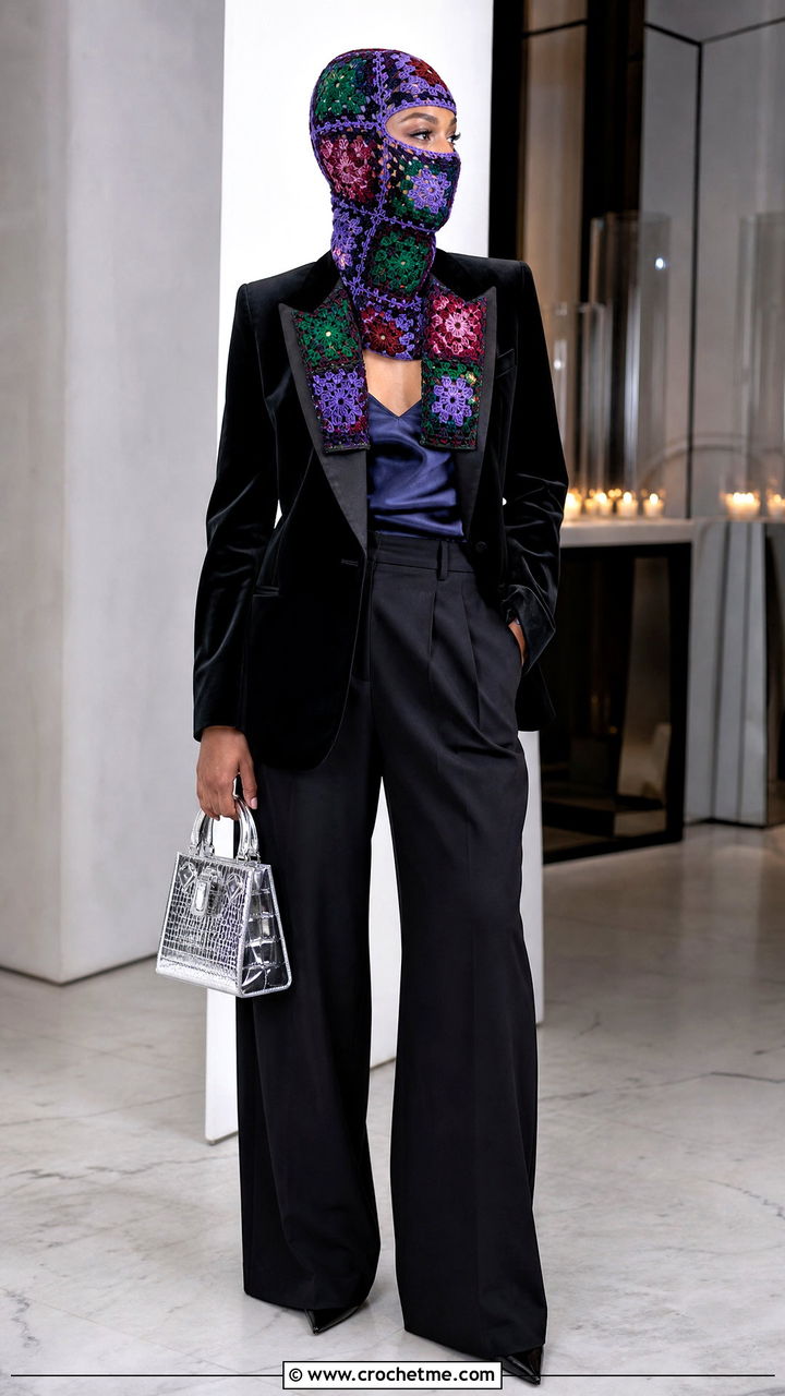 Jewel Tone Granny Square Balaclava With Velvet Blazer - 35 granny square balaclava outfit ideas