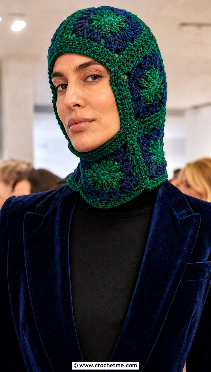 Jewel Tone Granny Square Balaclava With Velvet Blazer - 30 crochet granny square balaclava outfit ideas