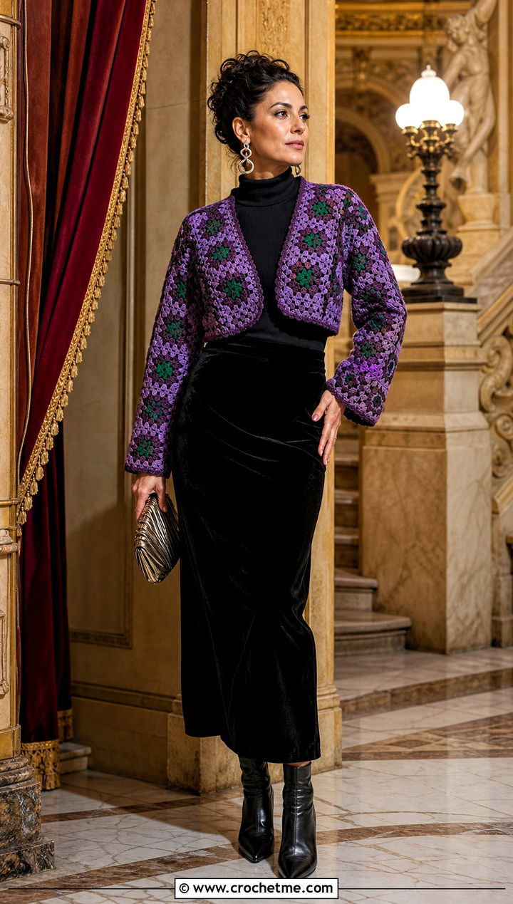 Jewel Tone Granny Square Bolero With Velvet Midi Skirt - 35 granny square bolero outfit ideas