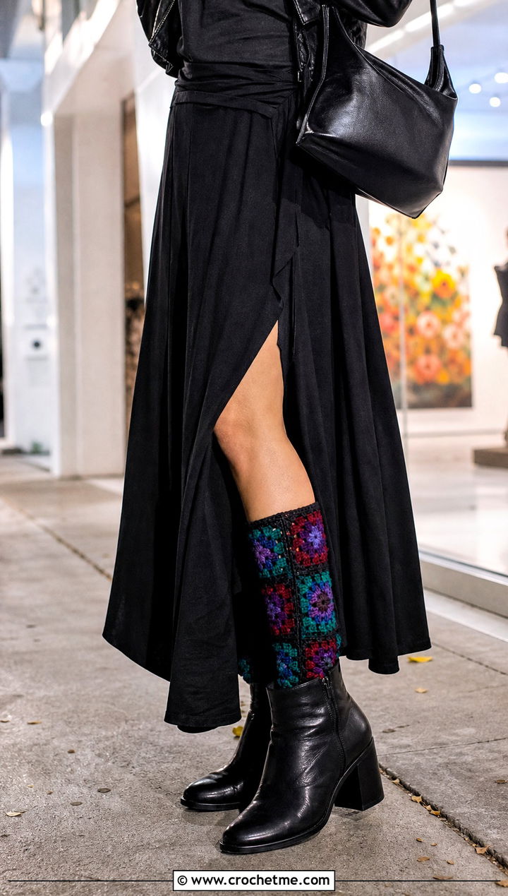 Jewel Tone Granny Square Boot Socks With A Maxi Skirt And Moto Jacket - 35 crochet granny square socks outfit ideas
