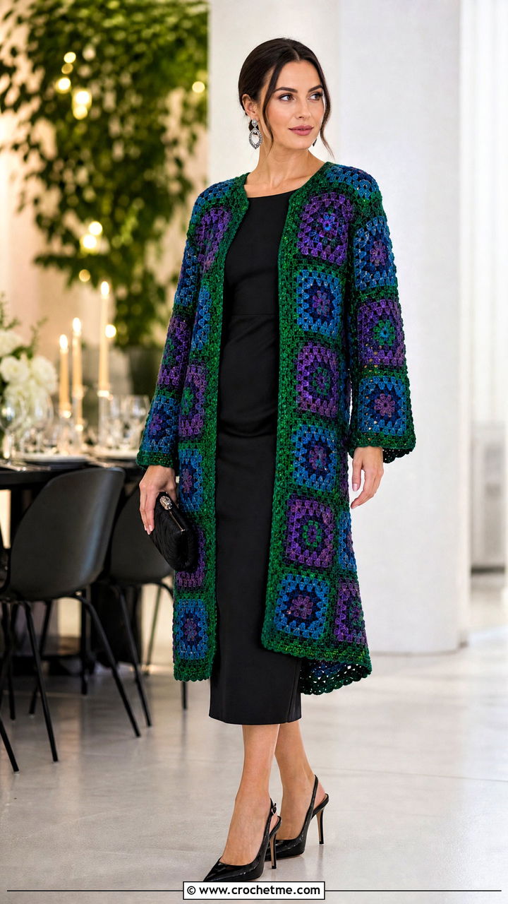 Jewel Tone Granny Square Cardigan With Black Midi Dress - 35 crochet granny square cardigan outfit ideas