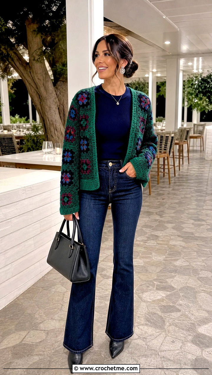Jewel Tone Granny Square Cardigan With Dark Denim - 35 Easy Simple Crochet Granny Square Cardigan outfit ideas