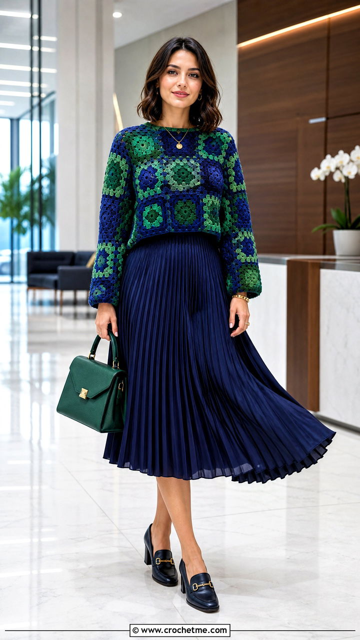 Jewel Tone Granny Square Crochet Sweater With Pleated Midi Skirt - 35 granny square crochet sweater outfit ideas