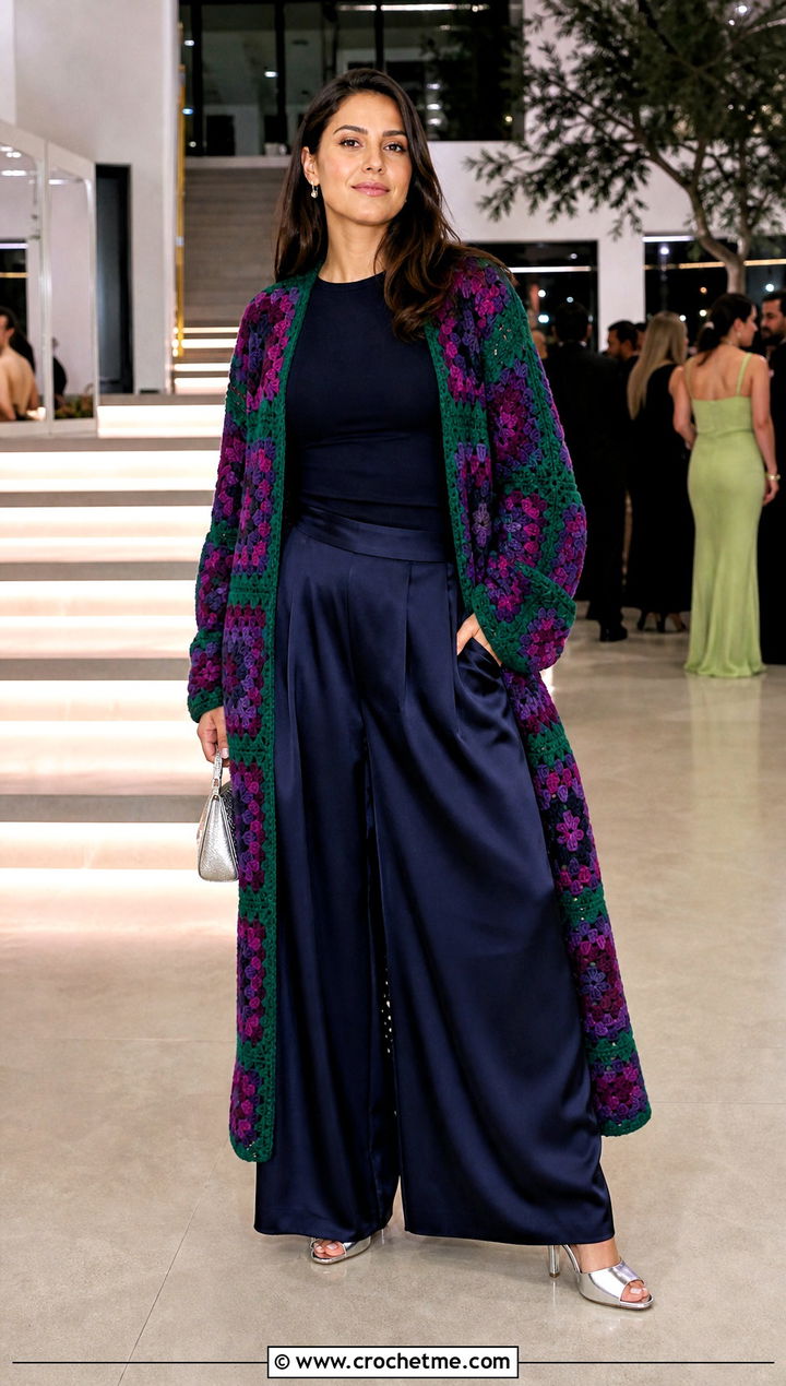 Jewel Tone Granny Square Duster With Satin Pants - 35 granny square duster outfit ideas