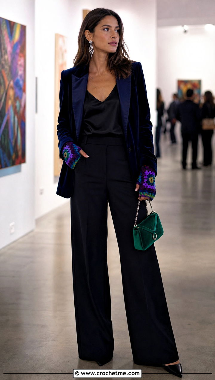 Jewel Tone Granny Square Fingerless Gloves With Velvet Blazer - 35 granny square fingerless gloves outfit ideas