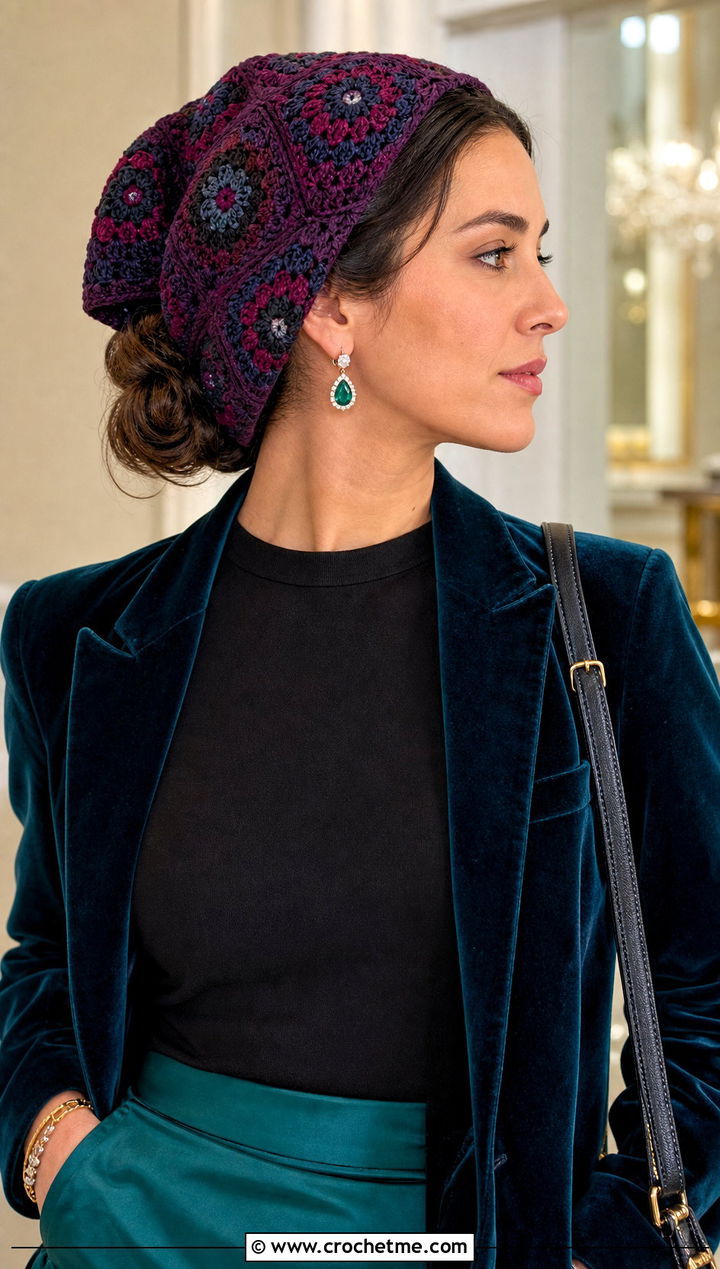 Jewel Tone Granny Square Hair Scarf With Velvet Blazer And Satin Skirt - 25 granny square hair scarf outfit ideas