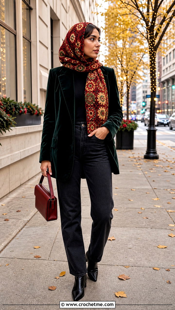 Jewel Tone Granny Square Head Scarf With Velvet Blazer And Jeans - 35 granny square head scarf outfit ideas