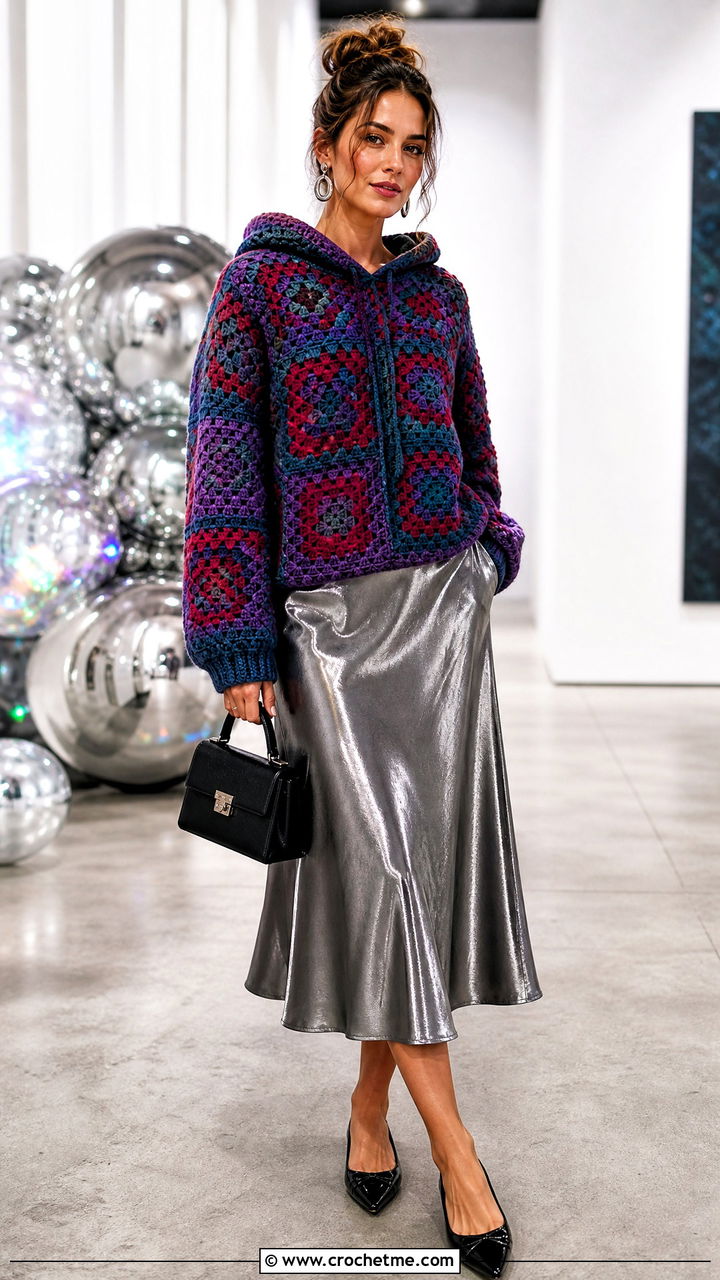 Jewel Tone Granny Square Hoodie With Metallic Skirt - 35 granny square hoodie outfit ideas