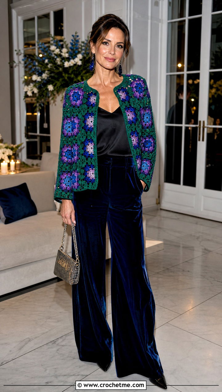 Jewel Tone Granny Square Jacket With Velvet Trousers - 30 crochet granny square jacket outfit ideas