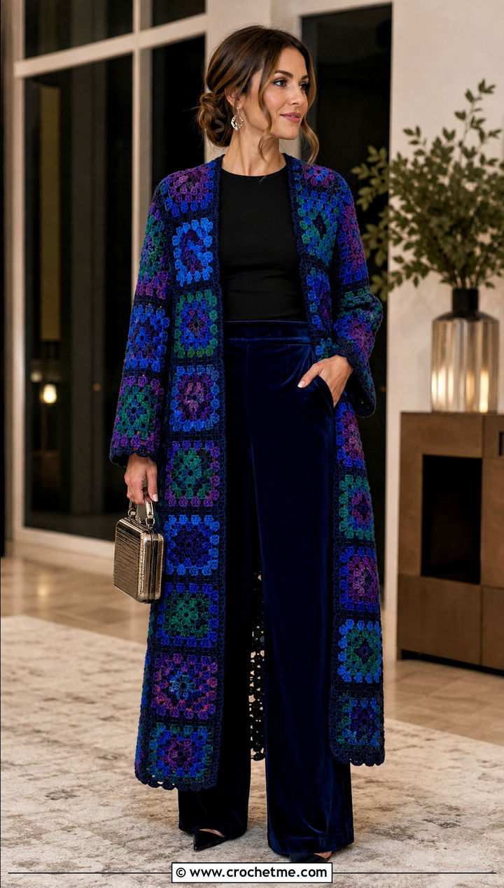 Jewel Tone Granny Square Kimono With Velvet Pants - 30 granny square kimono outfit ideas