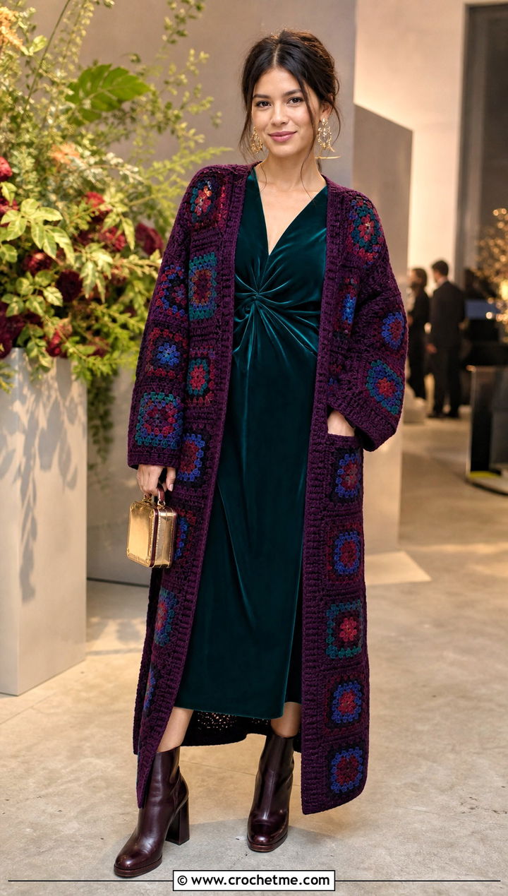 Jewel Tone Granny Square Long Cardigan With Velvet Dress - 25 crochet granny square long cardigan outfit ideas