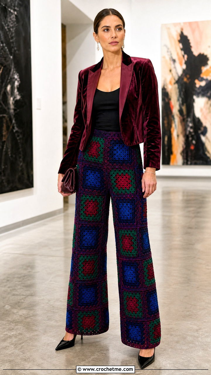 Jewel Tone Granny Square Pants With Velvet Blazer - 35 granny square pants outfit ideas