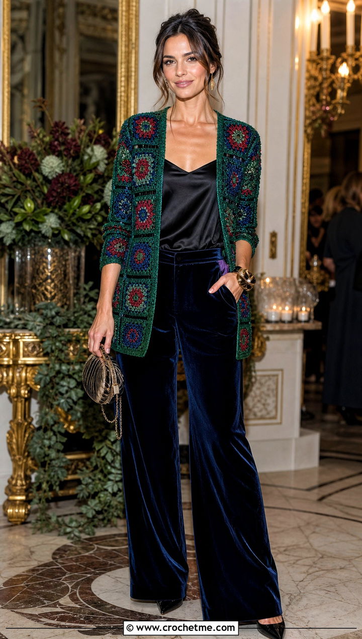 Jewel Tone Granny Square Patchwork Cardigan With Velvet Trousers - 30 Granny Square Patchwork Cardigan outfit ideas