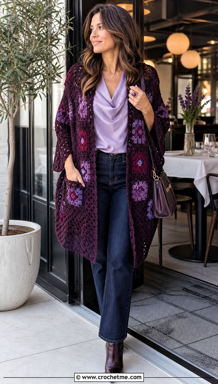 Jewel Tone Granny Square Pocket Shawl With Dark Denim - 20 Granny Square Pocket Shawl outfit ideas